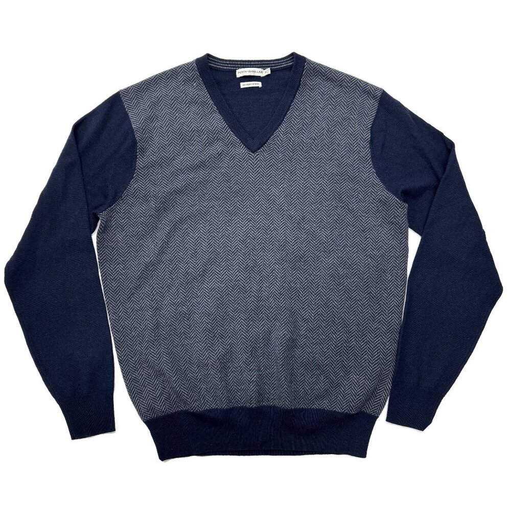 Peter Millar Sweater Mens Medium Blue Merino Wool V-Neck Sweater Herringbone